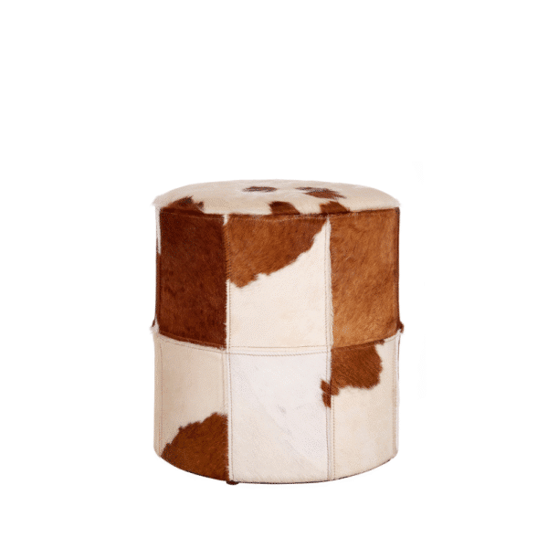 Genuine Cowhide Round Ottoman with Patchwork Design